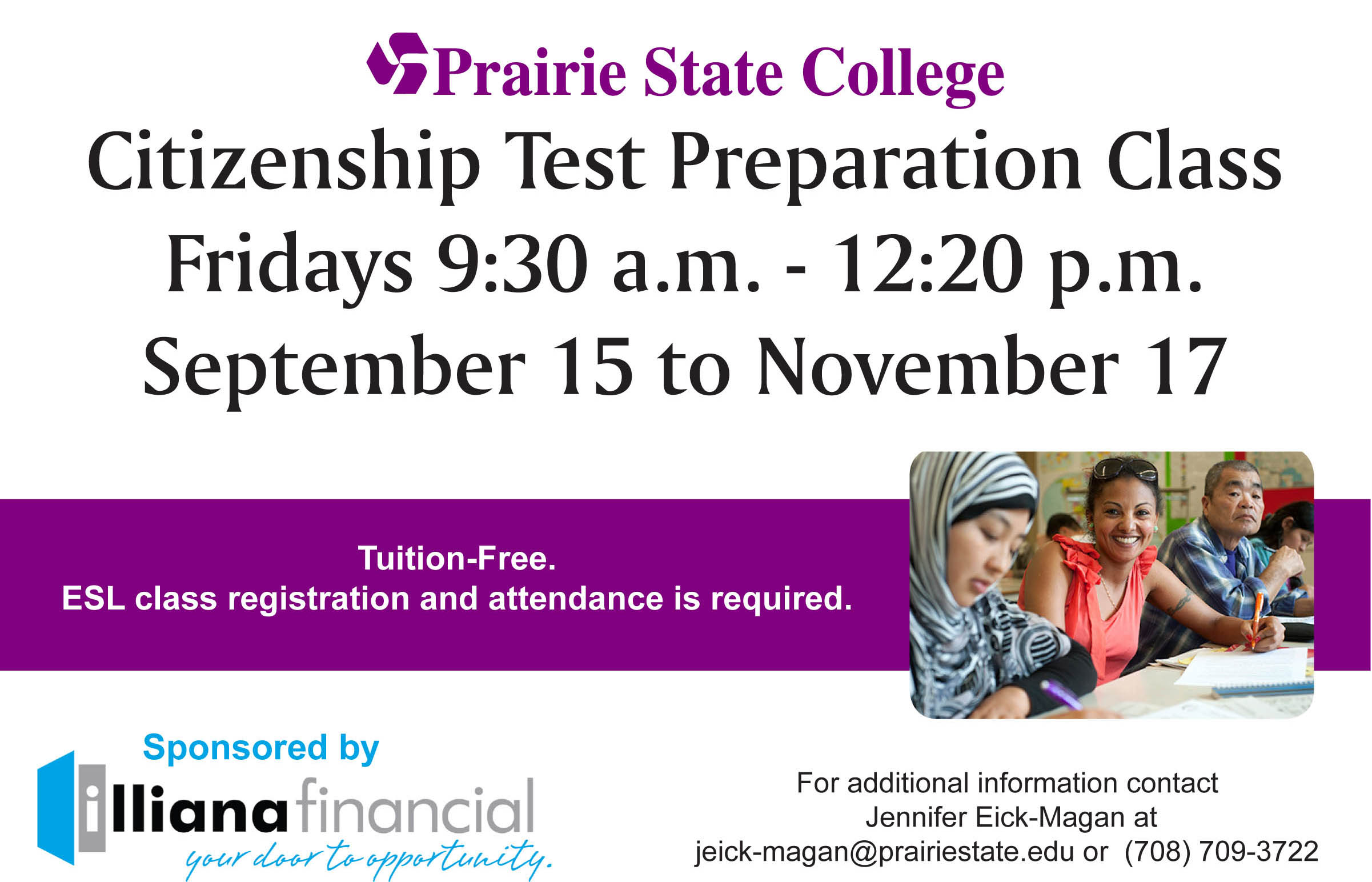 citizenshiptest-preparation-class Prairie State College - Citizenship Test Preparation Class. Fridays at 9:30 a.m. to 12:20 p.m. September 15 to November 17