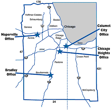 office_map Map showing locations of Naperville Office, Calumet City Office, Bradley Office, and Chicago Heights Office